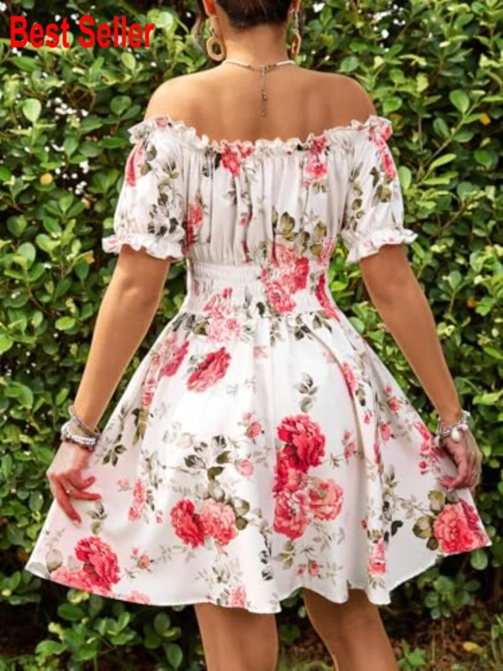 Polyester Off Shoulder Ruffle Puff Sleeve Smocked Short Dress - Picture 3 of 6